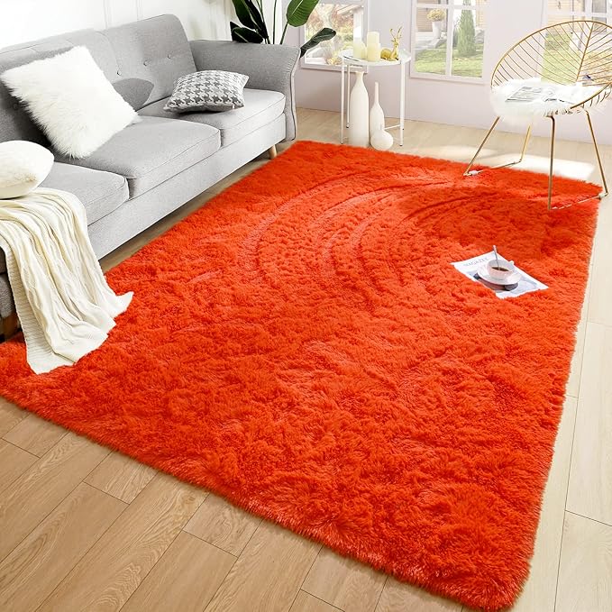 Merelax Soft Modern Indoor Shaggy Area Rug for Bedroom Livingroom Dorm Kids Room Home Decorative, Non-Slip Plush Fluffy Furry Fur Rugs Comfy Nursery Accent Floor Carpet 5x8 Feet, Orange Red