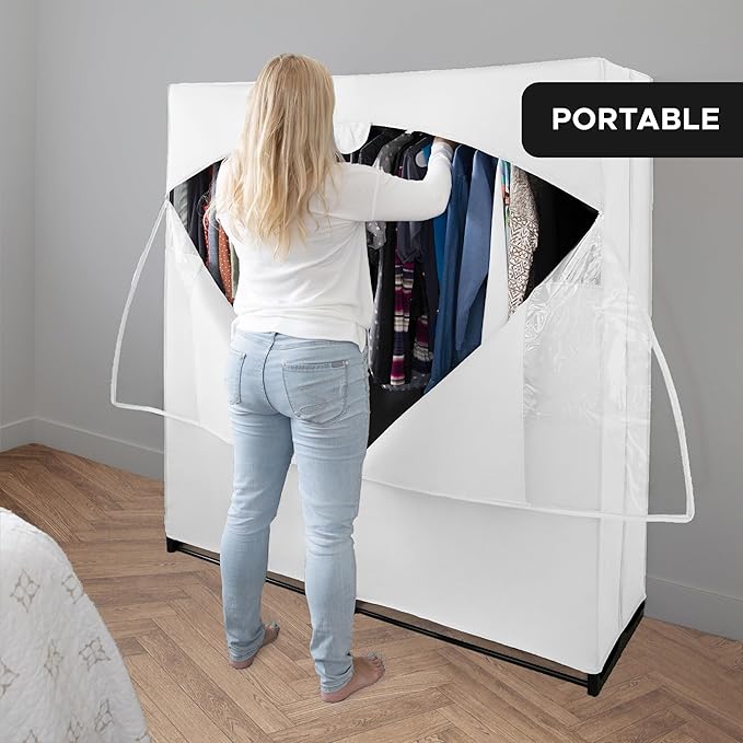 HOLDN’ STORAGE Portable Wardrobe Closet - 65 lb Large Capacity, Internal Heavy Duty Metal Rod, Zipper & Clear Window, Durable Clothes Organizer, Tool-Free Easy Assembly, White Canvas Cover