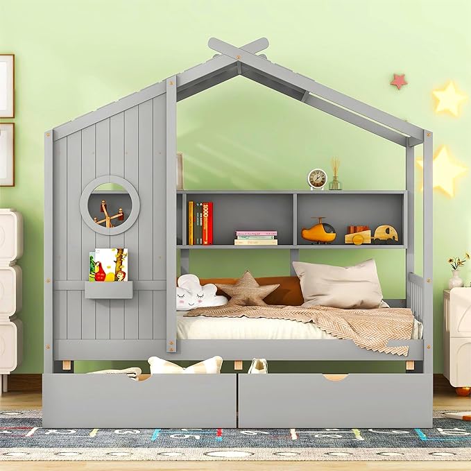 Modern Twin Size House Bed with Roof and Window, Wooden Daybed Frame with Shelves and 2 Drawers,Bedroom Furniture for Girls & Boys (Gray+2 Drawers/)