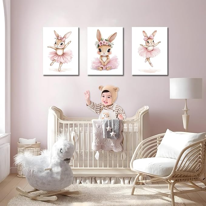 Baby Girl Nursery Wall Decor, Easter Nursery Canvas Wall Art Paintings Set of 3, Cute Animal Pink Bunny Posters Prints Pictures for Boys and Girls Room, Bedroom, Home Decor 12x16 In Framed