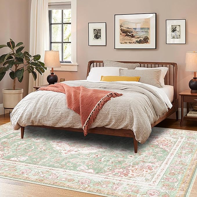 Vhong Washable Area Rugs Boho Vintage Modern Neutral Large Carpet Green and Pink High Traffic Rugs 8×10 for Dinning Room Living Room Bedroom Farmhouse Non Slip