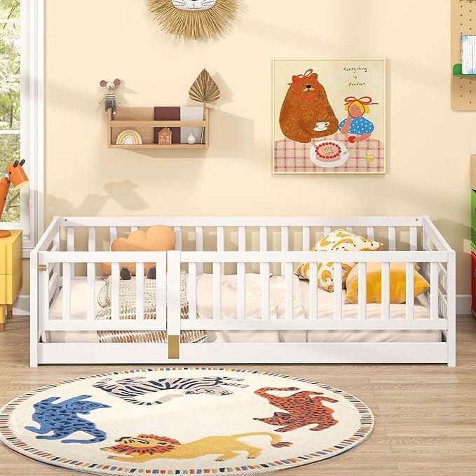 Giantex Twin Floor Bed with High Fence & Door, Montessori Floor Bed with 21.5" Safety Guardrails, Solid Wood Twin Beds Frame for Kids Girls, Boys, Without Slats, White