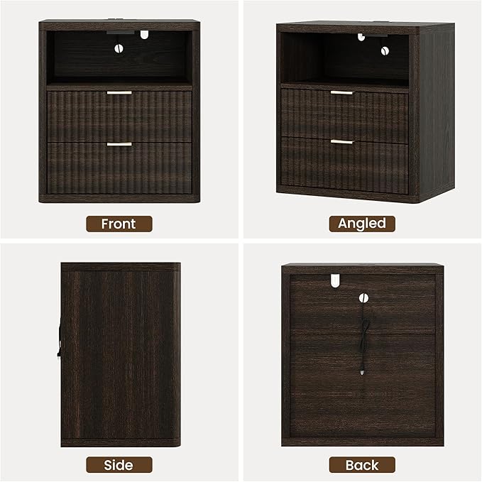 Fluted Nightstand Set of 2 with Charging Station, 21.7" Wide Modern Night Stand with 2 Drawers Open Storage Cabinet, Wooden Bedside End Table for Bedroom,Walnut
