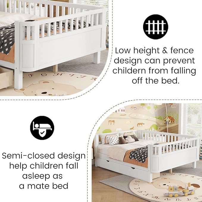 Full Size Kids Bed Frame with Rails, Wood Montessori Bed Full with 2 Storage Drawers &Slats Support, Modern Daybed with Removable Bed Rails for Girls Boys Bedroom Living Room, White