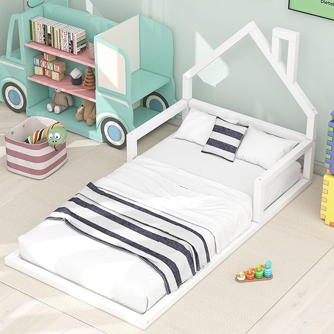 Twin Size Wood Floor Bed with House-shaped Headboard and a Chimney,Bedroom Simple Modern Bed Frame W/ Playful Design & No Box Spring Required,for Kids Teens Girls Boys,White