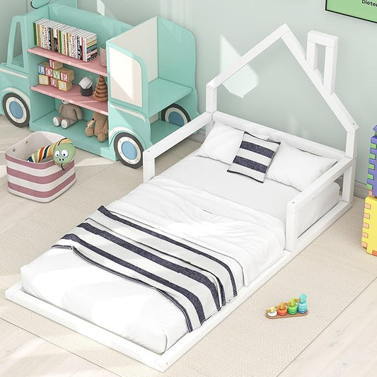 Twin Size Wood Floor Bed with House-shaped Headboard and a Chimney,Bedroom Simple Modern Bed Frame W/ Playful Design & No Box Spring Required,for Kids Teens Girls Boys,White