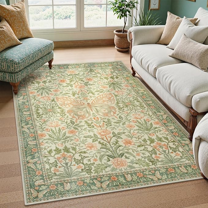 Collive 5x7 Butterfly Area Rug, Vintage Floral Rug for Girls Bedroom Washable Non Slip, Soft Boho Insect Carpet for Living Room Nursery Kids Room Playroom, Grass Green
