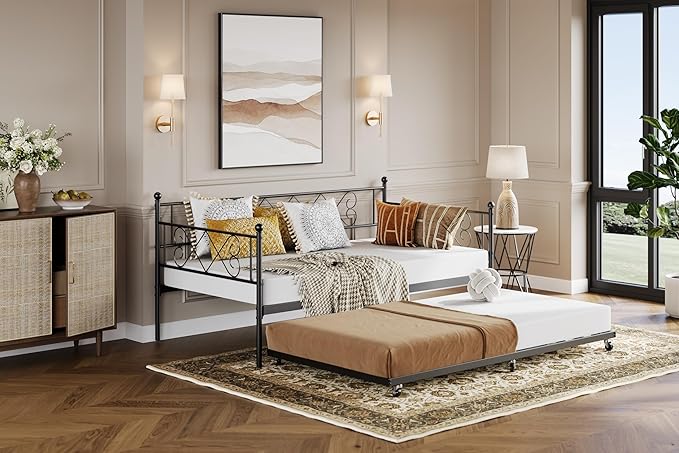 Daybed with Trundle, Trundle Bed Twin with Heart-Shaped Headboard, Sturdy Metal Day Bed with Steel Slat Support, Twin Daybed for Living Room, Bedroom and Guest Room, Easy Assembly, Black