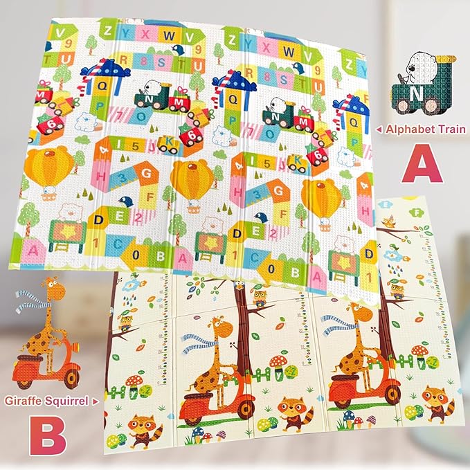 Mergren Extra Large Portable Baby Play Mat (79"×71" x0.6" Thickened Version), Foam Foldable Floor Crawling Mat with Reversible Double-Sided Patterns, Waterproof Anti-Slip, Indoor, Outdoor