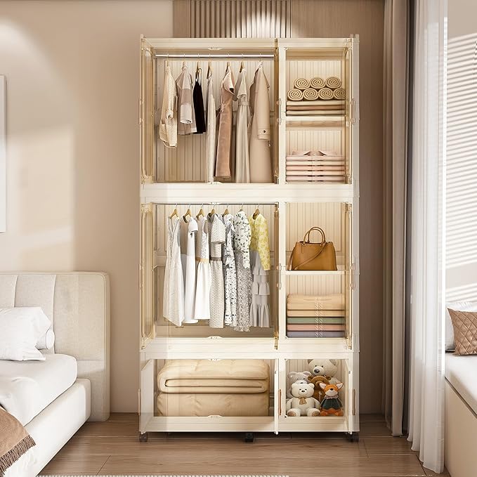 Portable Closet Wardrobe, Foldable Clothes Organizer with 9 Cubes Storage, Easy Assemble Clothing Organizer with Magnet Doors, Wardrobe Storage Cabinet for Kids,Baby,Adult (36" L x 77" H)