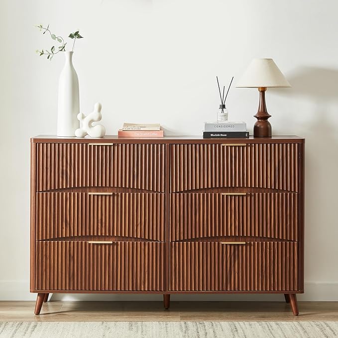 Evermagin 55" Wide Fluted 6 Drawer Dresser, Mid Century Modern Curved Dresser, Light Wood Chest of Drawers for Bedroom, Living Room and Entryway, Walnut