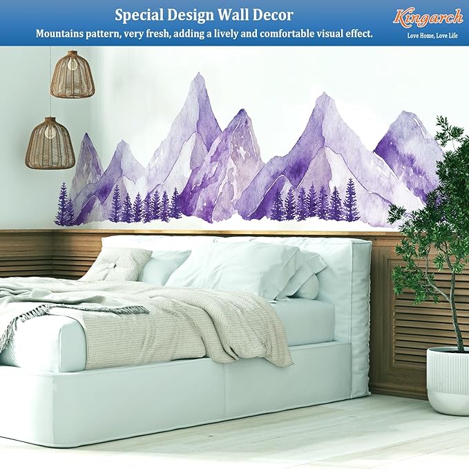Large Mountain Wall Decals, Purple Pine Tree Peel and Stick Vinyl Wall Stickers & Murals, Removable Home Room Wall Decor for Bedroom Living Room Bedroom Classroom Office Nursery