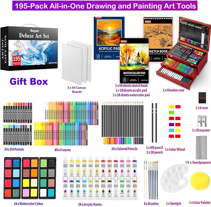 iBayam Art Supplies, 195 Pack Art Set Drawing Kit for Kids Teens Girls Boys Adult, Arts and Crafts Painting Kit, Art Kits Paint Set with Acrylic Pad, Sketchbooks, Watercolor Pad, Canvases, Gift Box