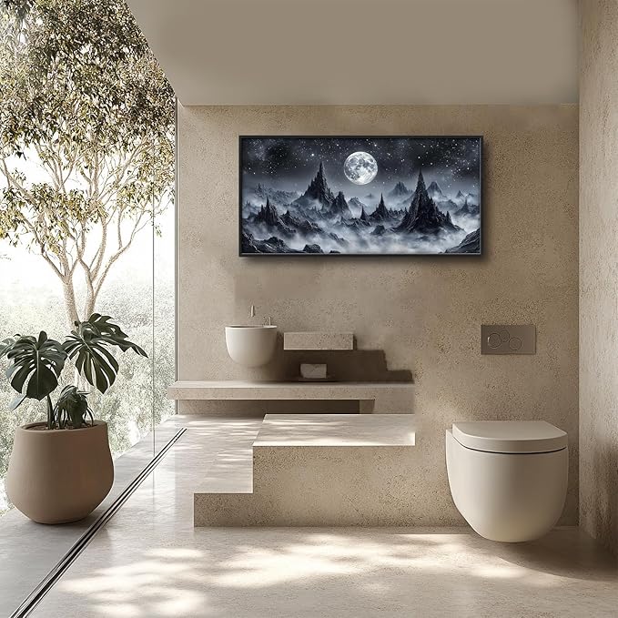 Olivine Mountain Large Wall Art, Black And White Pictures Wall Decor, Nature Landscape Paintings, Moon Canvas Prints, Framed Artwork for Dining Room Bedroom Living Room Office Bathroom Home 60"x30"