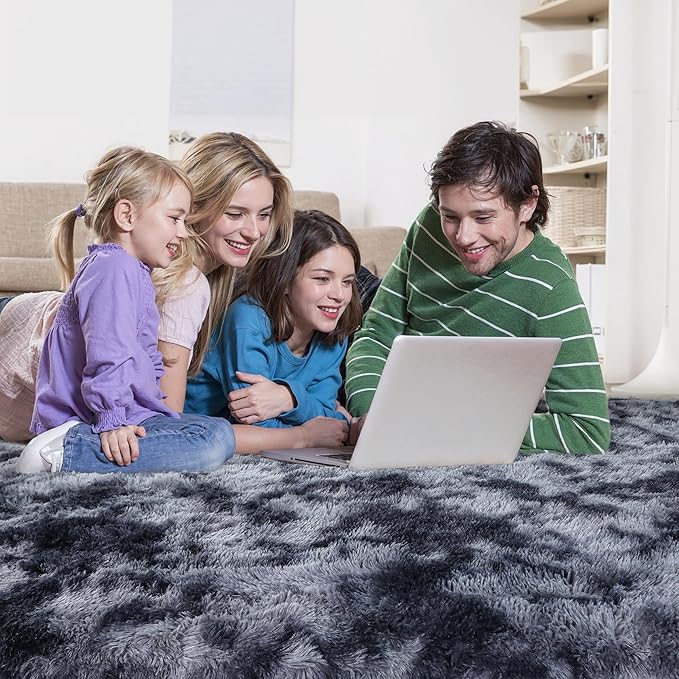 Thick Area Rug Dark Grey Fluffy Shag 6x9 for Bedroom Living Room Ultra Soft Plush Fuzzy Washable Thickened Non-Slip Carpet, Comfy Shaggy Furry Rug for Kids Baby Nursery Dorm, Tie-Dye Gray