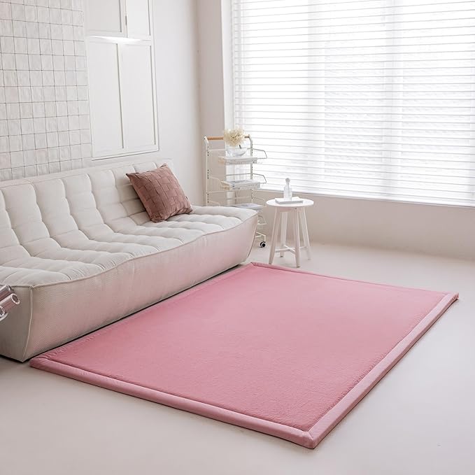 Loartee Faux Rabbit Fur Rug - 1.18" Thick Soft Fluffy Area Rug, Non-Slip Memory Foam Crawling Mat, Light Pink, 59"x59"