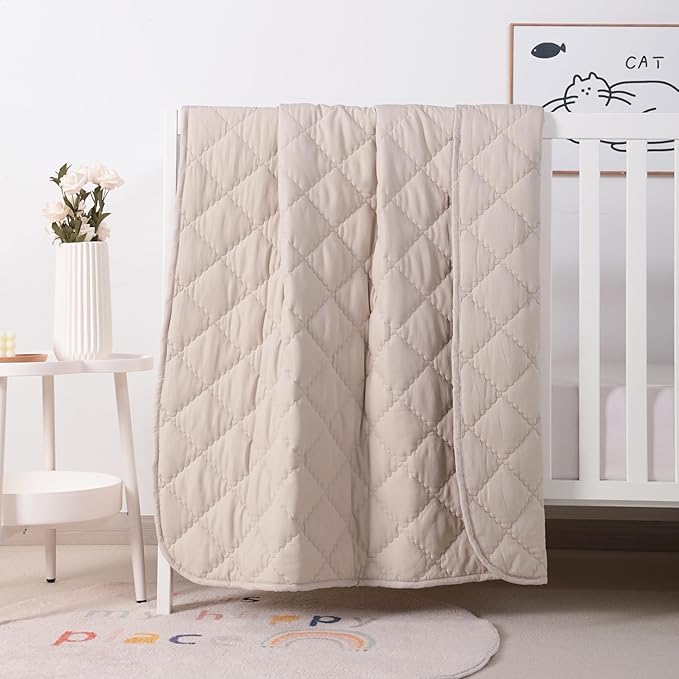 FLXXIE Machine Washable Microfiber Down Alternative Oversized Toddler Comforter, Super Soft and Lightweight Kids Crib Quilted Blanket for Stroller, Travel, 43x60 Inches, Light Taupe