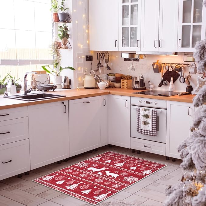 2x3 Machine Washable Christmas Area Rug, Non-Slip Small Christmas Entryway Rug for Front Door, Low Pile Indoor Door Mat for Entryway, Bedroom, Dining Room & Kitchen(2x3 Elk)