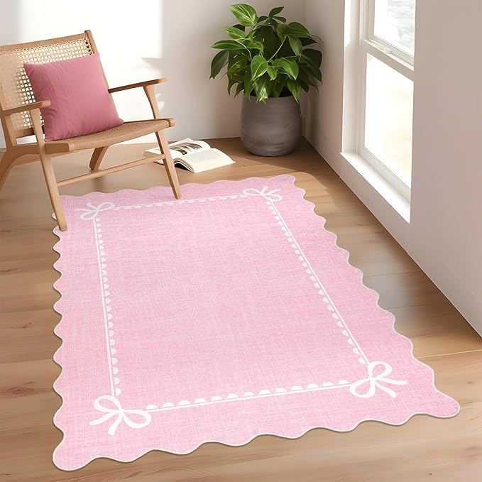 GarveeHome Scalloped Bow Rug for Living Room, Solid Pink Rug for Dorm, Washable Rugs 3x5 Soft Low Pile Non Slip Scalloped Rugs for Nursery Bedroom Decor Hallway Kids Room Playroom