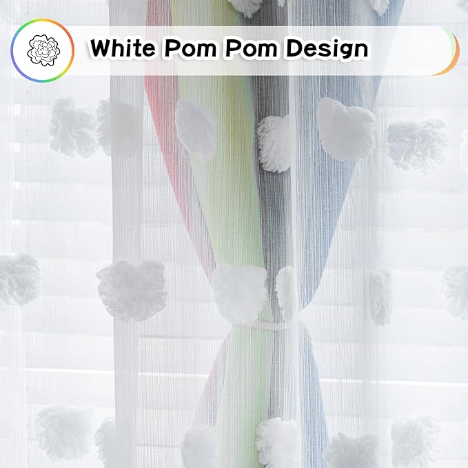 MYSKY HOME Rainbow Curtains for Boys Bedroom Kids Curtains 54 Inches Length White Pom Pom Sheer Small Window Curtains Nursery 2 Panels Double Layer Curtains Grommet Room Darkening Curtains, W52 X L54