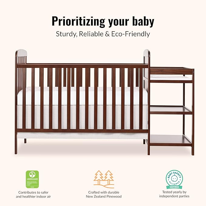 Dream On Me Anna 3-in-1 Full-Size Crib and Changing Table Combo in Espresso, Greenguard Gold Certified, Non-Toxic Finishes, Includes 1" Changing Pad, Wooden Nursery Furniture