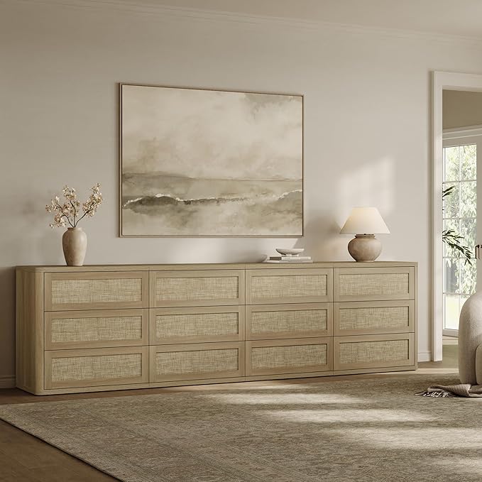 SICOTAS Dresser for Bedroom - 6 Drawer Dresser for Nursery 54" Wide Rattan Dressers & Chests of Drawers Boho Drawers for Bedroom Living Room Clothes Large Closet Storage for Closet Hallway Entryway