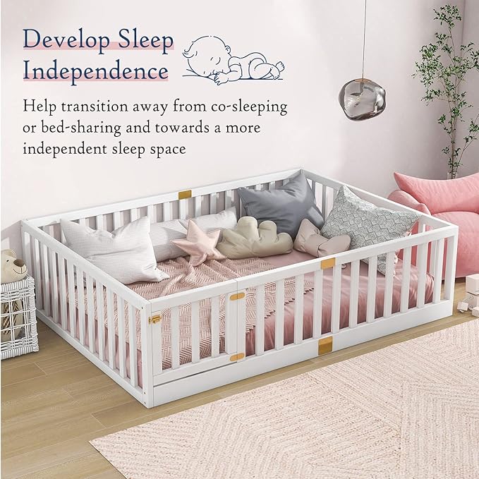 Tatub Full Montessori Floor Bed with High Rails, Solid Wood Montessori Bed Frame for Kids, Door Can Install Left and Right, Full-White