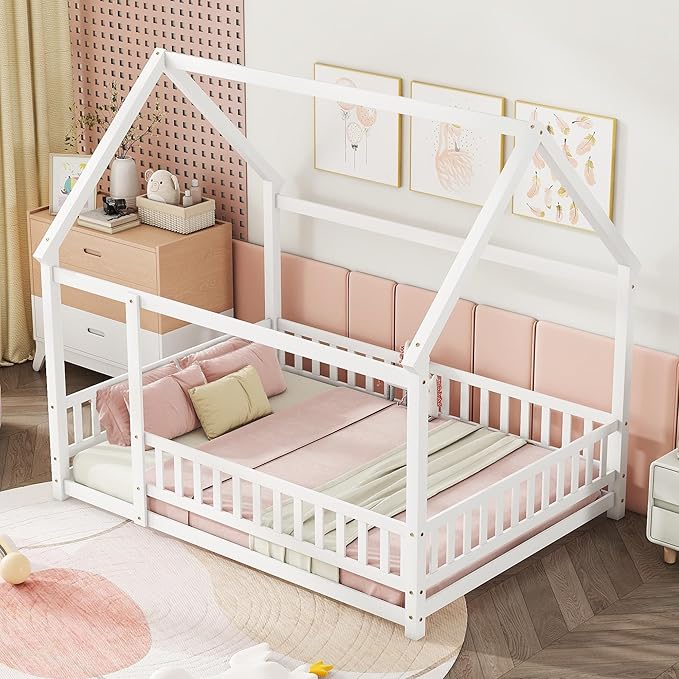 Bellemave Full Size House Floor Bed,Wooden Montessori Bed with Fence and Roof for Kids,Playhouse Full Bed Frame for Girls,Boys(Full,White)
