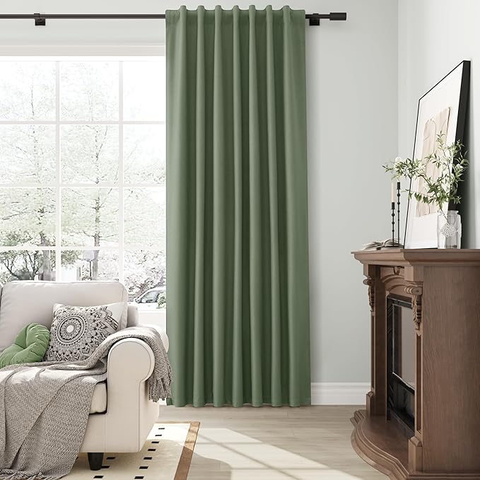 100% Blackout Linen Textured Curtains 92 Inches Long 2 Panels Set Room Darkening Curtains for Bedroom Living Room Olive Green Back Tab Hook Belt Insulated Thermal Noise Reduction Window Drapes 52x92