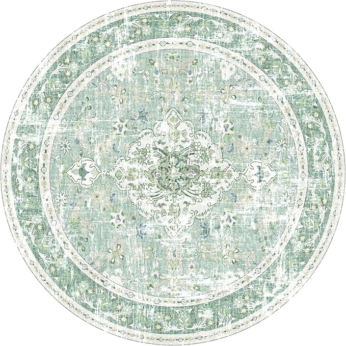 Vhong Washable Boho Area Rugs Vintage Modern Neutral Carpet Sage Green 5×5 High Traffic Round Rugs for Dinning Room Living Room Bedroom Farmhouse Non Slip