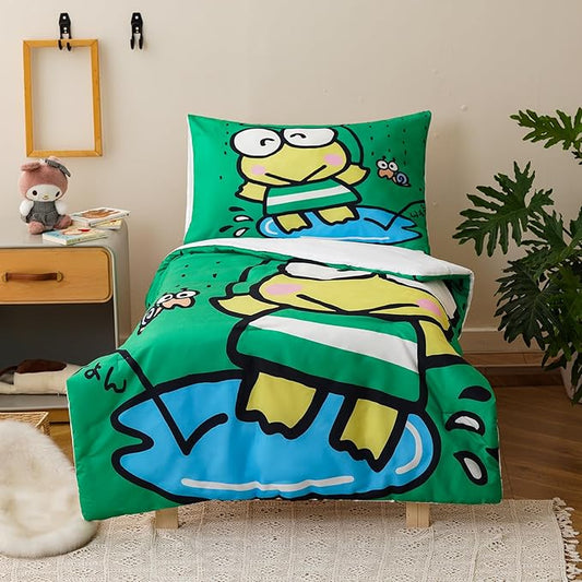KAREVER Cartoon Toddler Bedding Set Frog Smail Print 4 Pieces Crib Bed Set Kids Reversible Green White Comforter Set