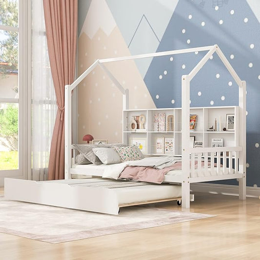Harper & Bright Designs Twin House Bed with Trundle, Wood Kid Beds with Storage Shelves, Twin Platform Bed for Kids, Teens, Solid Wood Structure & House-Shaped, White