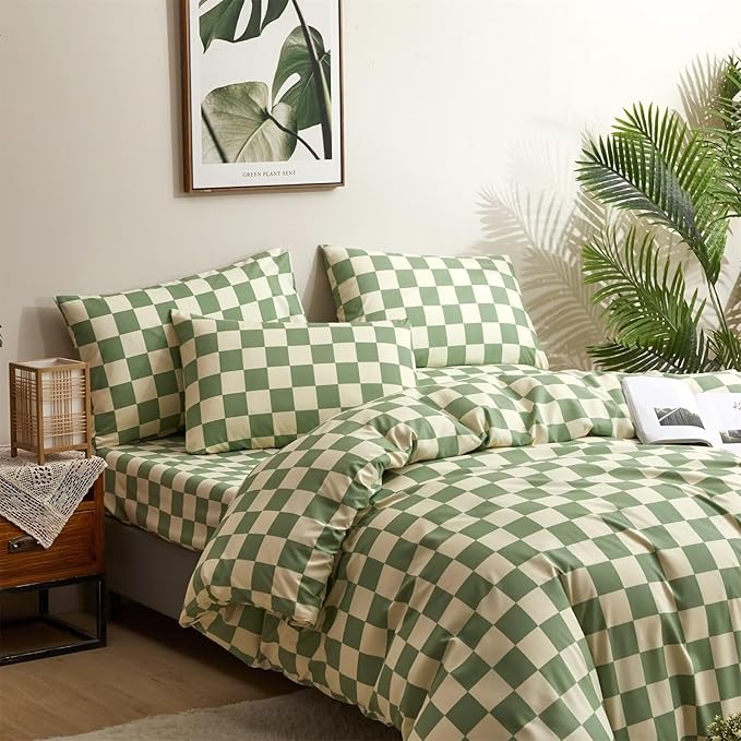 Houseri Sage Plaid Duvet Cover King Size Set - White, Light Green, Beige Grid, Checkerboard, Buffalo Plaid, Gingham