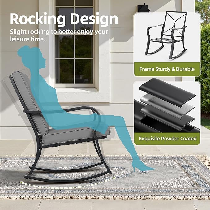 SUNCROWN Outdoor 3-Piece Rocking Chairs Patio Bistro Set Black Steel Furniture with Thickened Cushion and Glass-Top Coffee Table, Grey