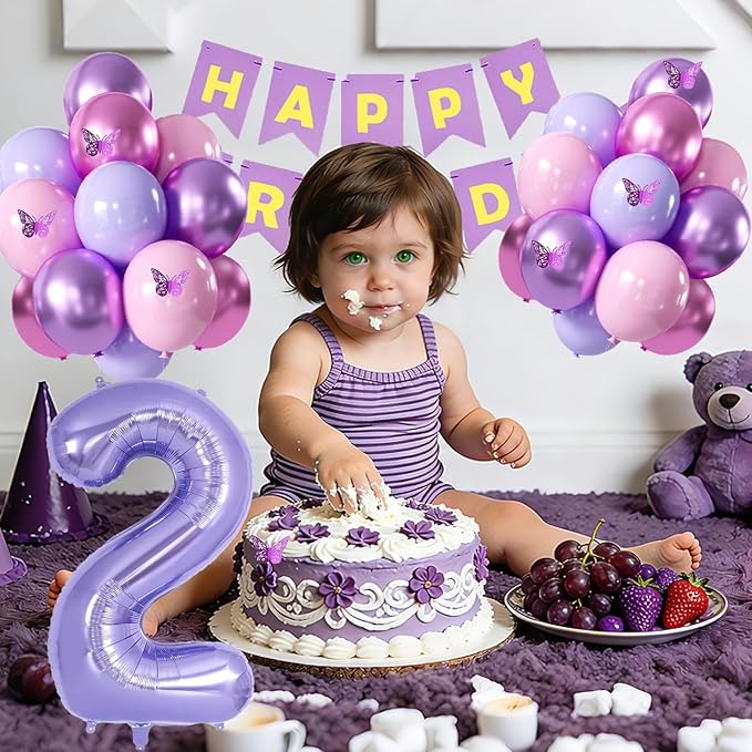2nd Birthday Decorations for Girl -12 inch Purple Pink Balloons, 40 Inch Purple 2 Balloon,3D Butterflies Stickers, Happy Birthday Banner for Baby Girl 2 Year Old BD Party Decorations