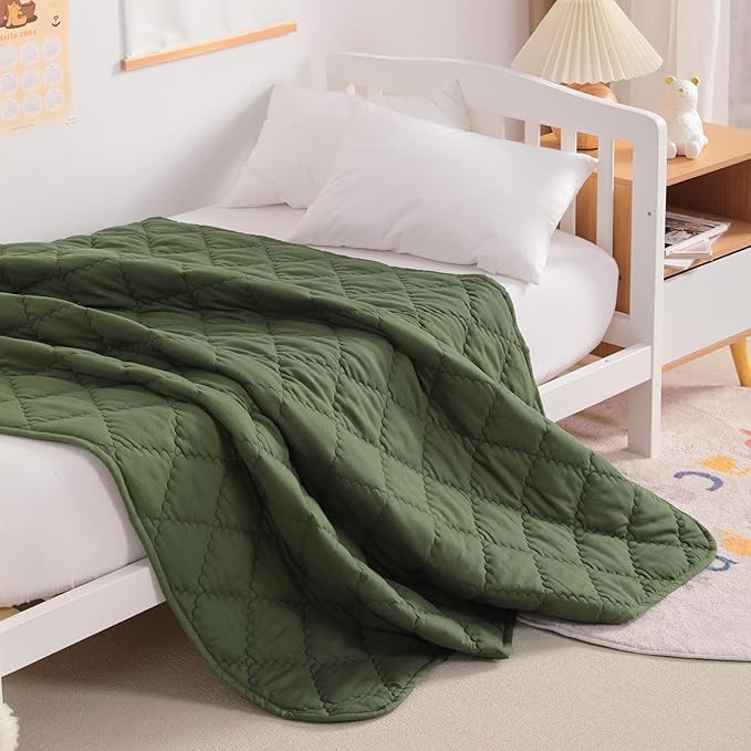 Down Alternative Oversized Toddler Comforter 43x60, Lightweight Warm Solid Color Baby Crib Quilted Blanket for Boys Girls, Olive Green