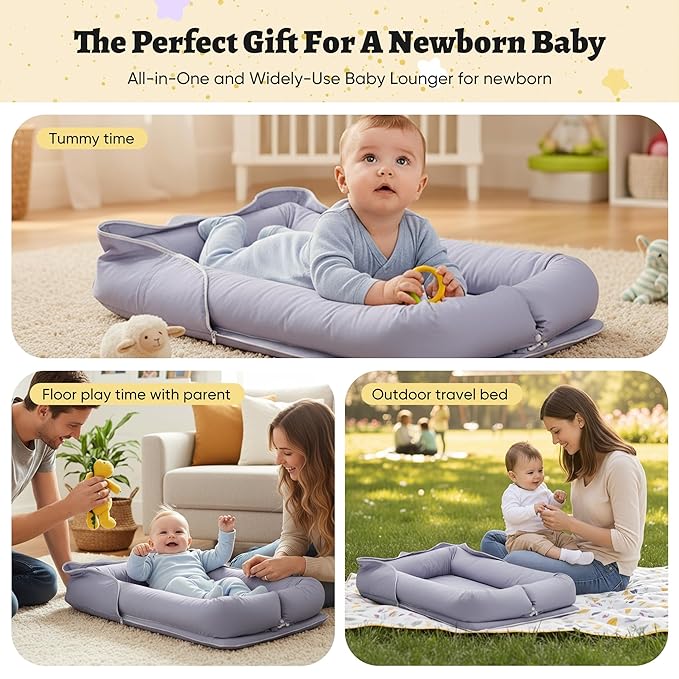 Miereirl Baby Lounger for Newborn, Dock A Tot & Baby Lounger Pillow with Soft Cotton, Infant Lounger for 0-24 Months, Baby Nest Lounger, Essentials Gifts Nest Cover - Grey