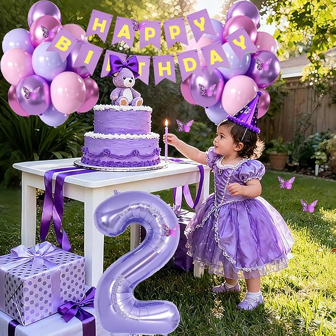 2nd Birthday Decorations for Girl -12 inch Purple Pink Balloons, 40 Inch Purple 2 Balloon,3D Butterflies Stickers, Happy Birthday Banner for Baby Girl 2 Year Old BD Party Decorations