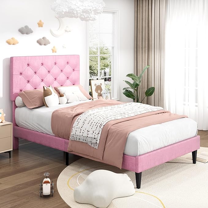 BarnFurin Twin Bed Frames with Button Tufted Headboard, Linen Upholstered Platform Bed with Wooden Slats Support, Princess Bed Frame for Girls, Easy Assembly, No Box Spring Required, Pink