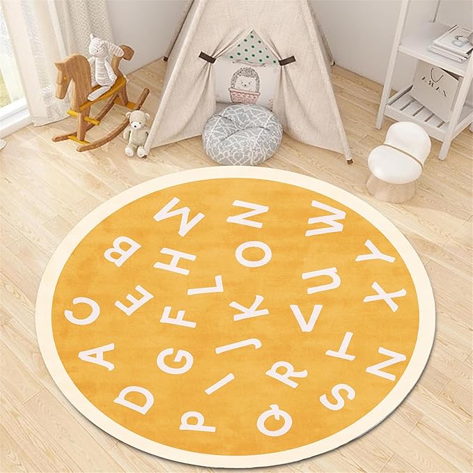 Round Playroom Area Rug,5ft,ABC Children's Round Bedroom Rug, Non-Slip Washable Baby Nursery Rug, Large Toddler Rug Educational Crawling Mat, Suitable for Nursery, School Classroom, Playroom