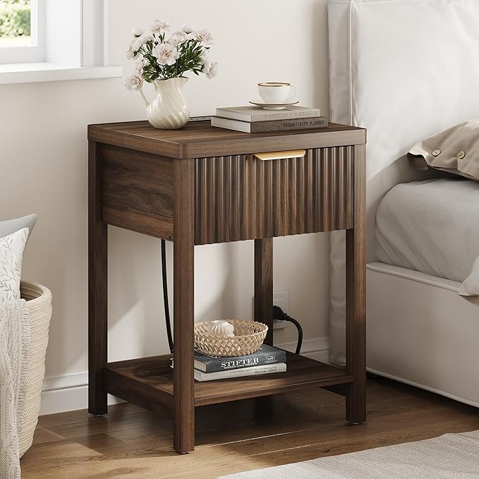 Lulive Night Stand Set 2, Fluted Nightstand with Charging Station, Wood Modern Bedside End Table with Storage Drawer for Bedroom, Save Space (Set of 2, Walnut)