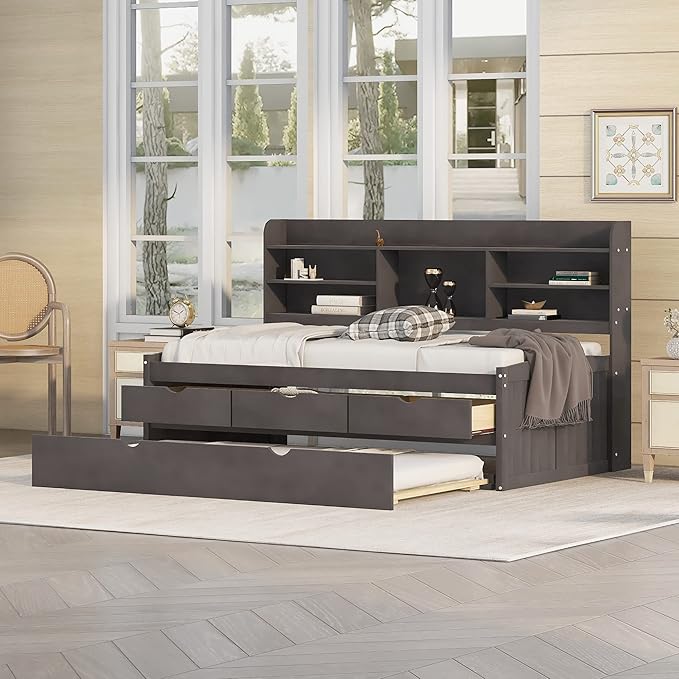 Harper & Bright Designs Twin Size Captain Bed with Built-in Bookshelves/3 Storage Drawers/Trundle, Wooden Twin Daybed Bed Frame for Kids Teens Dorm Bedroom Multipurpose Guest Room, Antique Gray