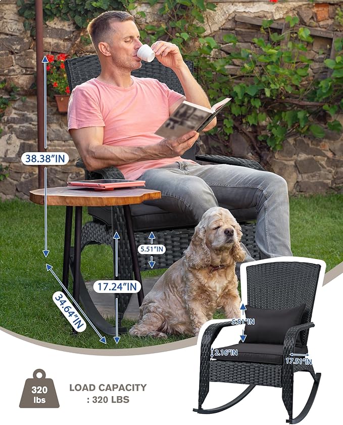 Outdoor Rocking Chair Set of 2- Outdoor Rattan Rocker Chair with Heavy-Duty Steel Frame- All Weather Rocker Chair for Garden, Porch, Poolside, Backyard (Black, 320lbs)