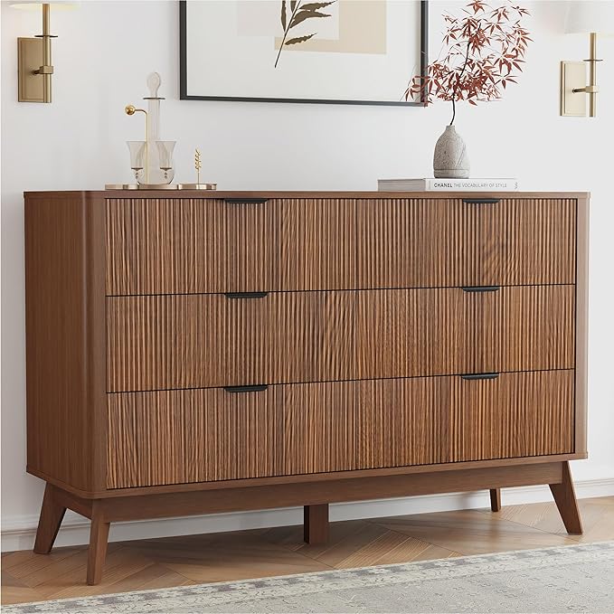 SUNWAVE 6 Drawer Dresser for Bedroom, 49.6" Wide Modern Fluted Dresser with Round Corner, Wood Chest of Drawers for Living Room