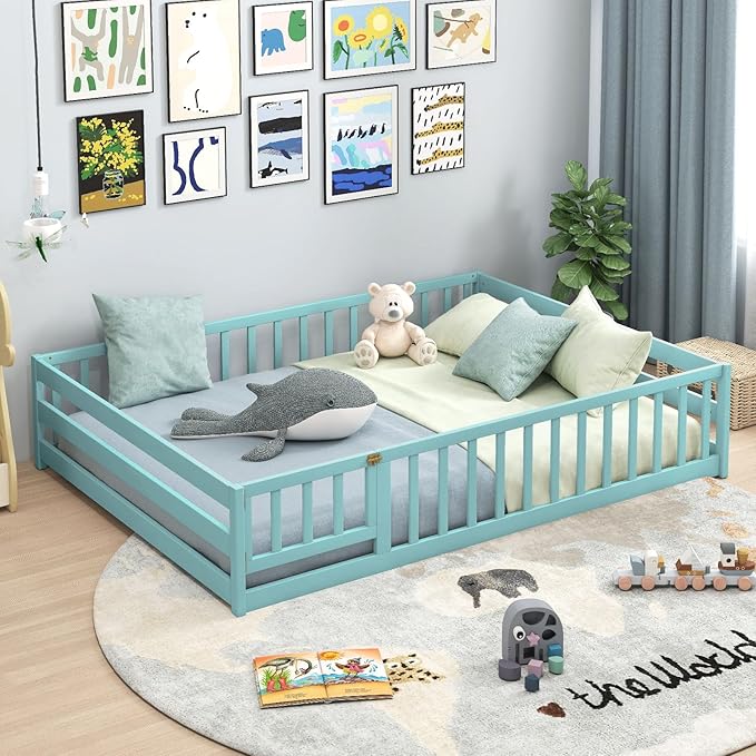 Giantex Full Floor Bed with Door & Fence, Kids Wood Montessori Beds with Safety Guardrails, Floor Bed Twin for Kids, Boys, Girls, No Box Spring Needed, ICY Aqua