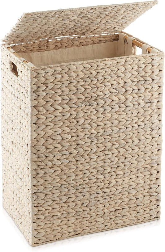 Casafield Large Laundry Hamper with Lid and Removable Liner Bag - Whitewash, Woven Water Hyacinth Rectangular Laundry Basket Sorter for Clothes Towels
