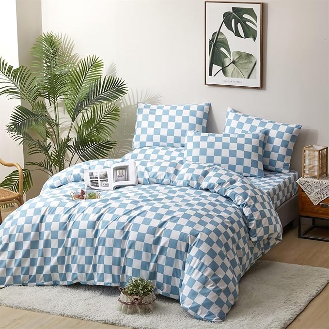 Houseri White Blue Plaid Duvet Cover King Light Blue Buffalo Checkered Bedding Duvet Cover King Size Women Men Modern Aqua Blue Checkerboard Water Blue Gingham Bedding Sets King Comfy Soft 3 Pcs