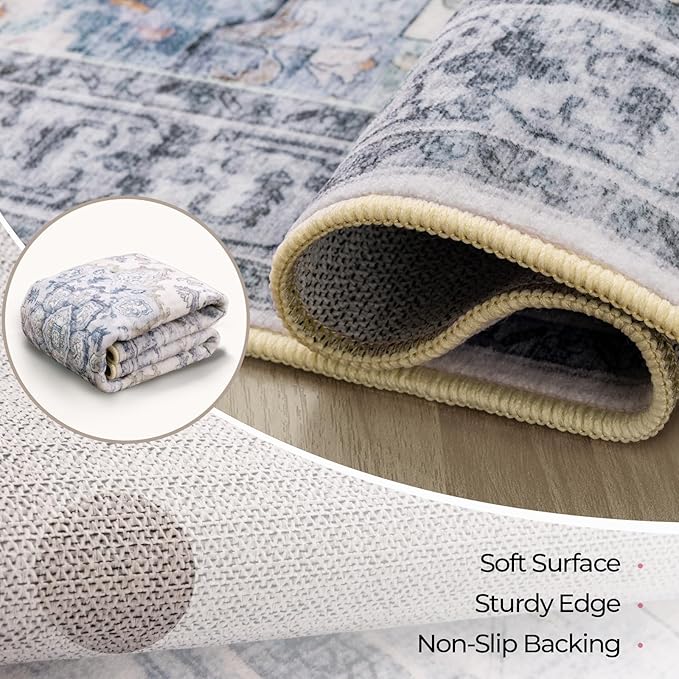 Machine Washable Rugs Nursery Rug 6ft Area Rugs for Living Room Non Slip Low Pile Water Repellent Soft Print Pattern for Bedroom Indoor Decor Rug Bluewhite