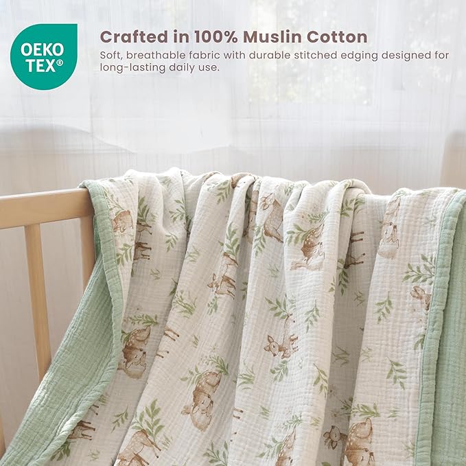 Konssy Muslin Baby Blankets for Girls Boys, 100% Cotton Crib Blanket for Infant Toddler, Super Soft and Lightweight Nursery Swaddling Wrap 47"x47" (Woodland)