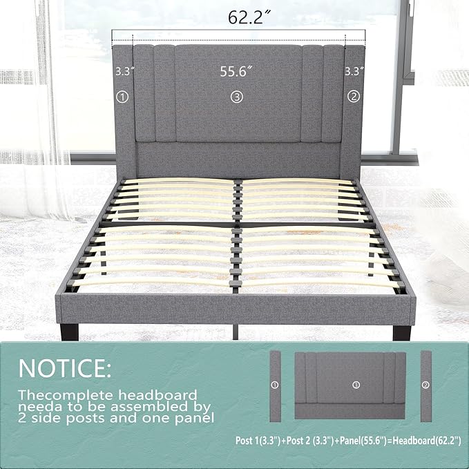 Tyndall Queen Size Bed Frame, Linen Fabric Upholstered Platform with Headboard